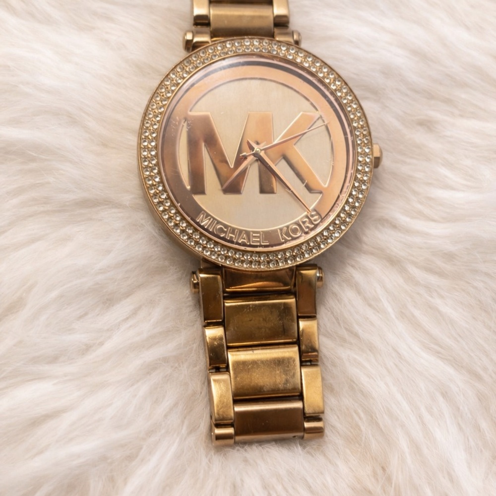 Michael Kors Gold-Tone Crystal Logo Link Watch